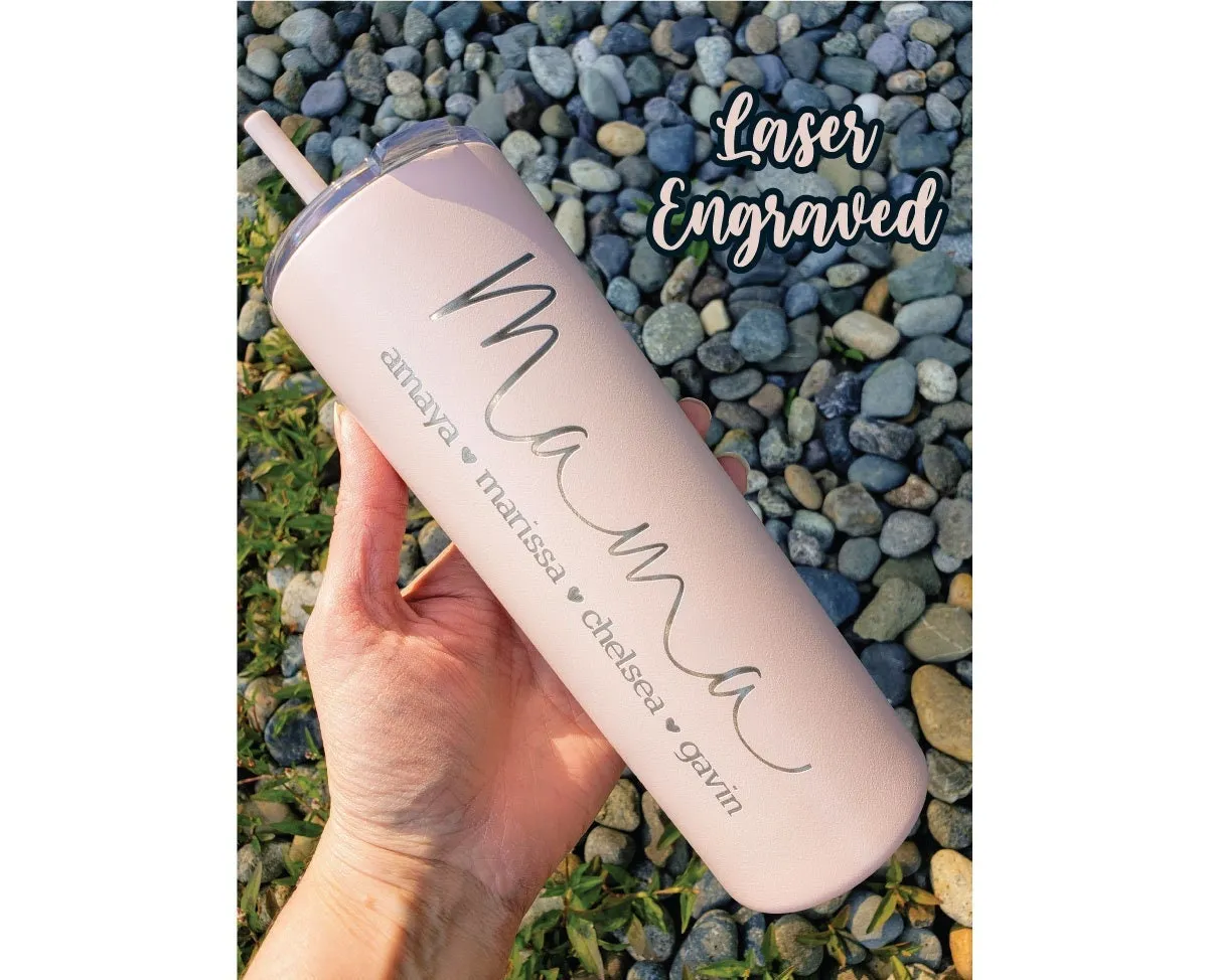 Mama with Kids Names Laser Engraved Matte Blush Tumbler with Straw - Mother's Day Gift