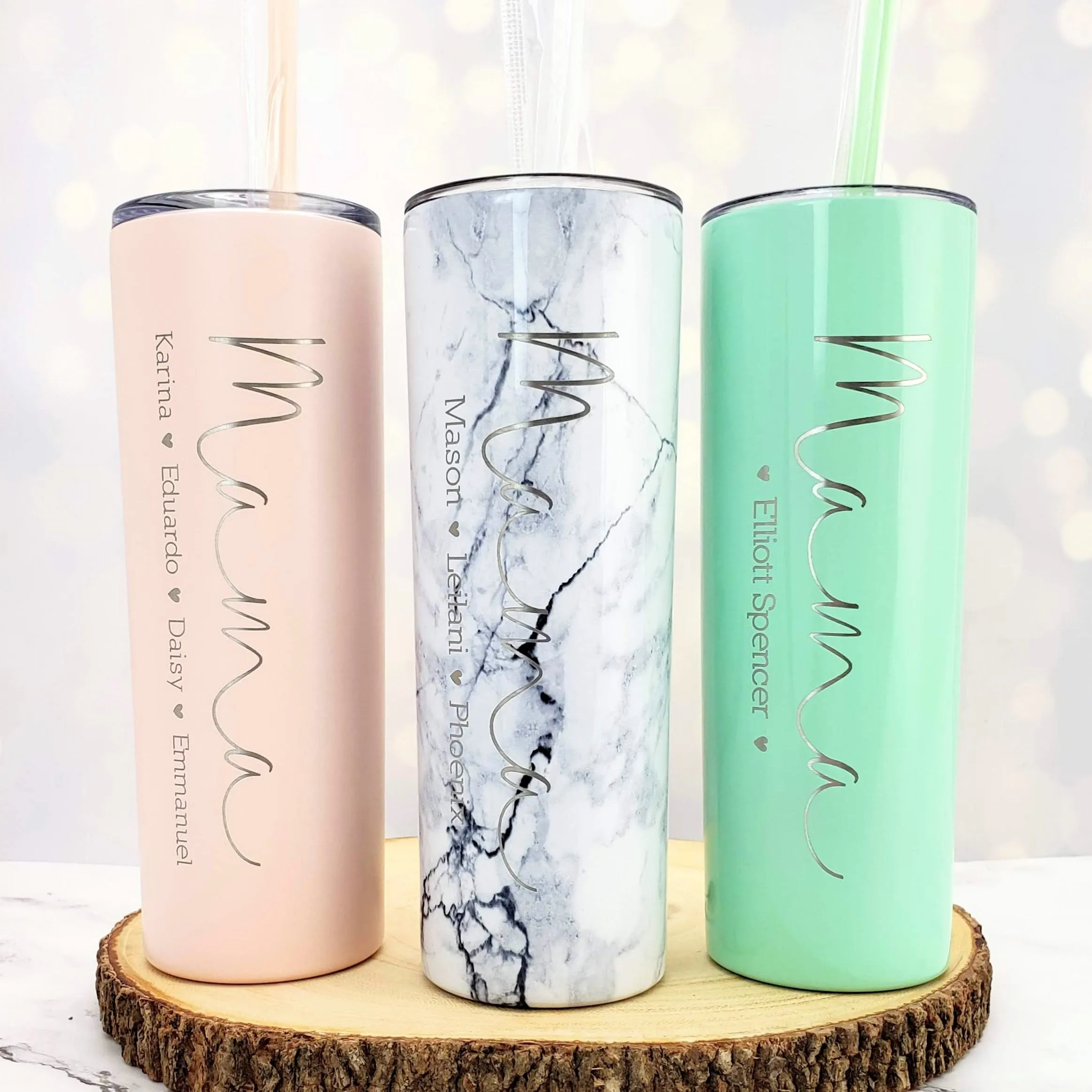 Mama with Kids Names Laser Engraved Matte Blush Tumbler with Straw - Mother's Day Gift