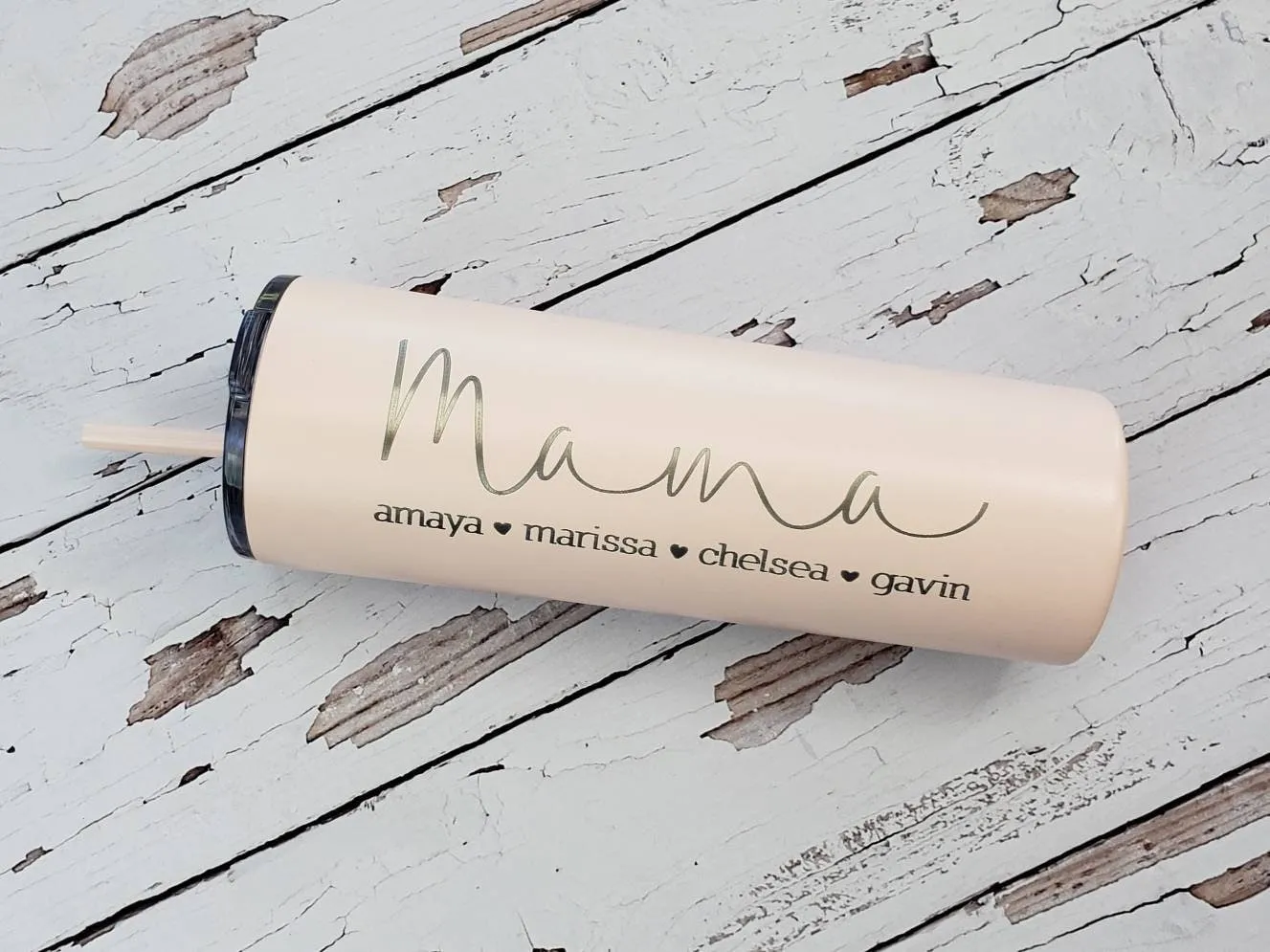 Mama with Kids Names Laser Engraved Matte Blush Tumbler with Straw - Mother's Day Gift