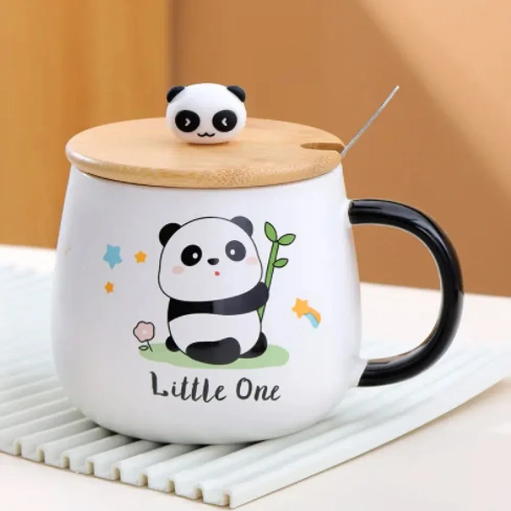 (Net) Cute Panda Ceramic Cup with Spoon and Wooden Cap