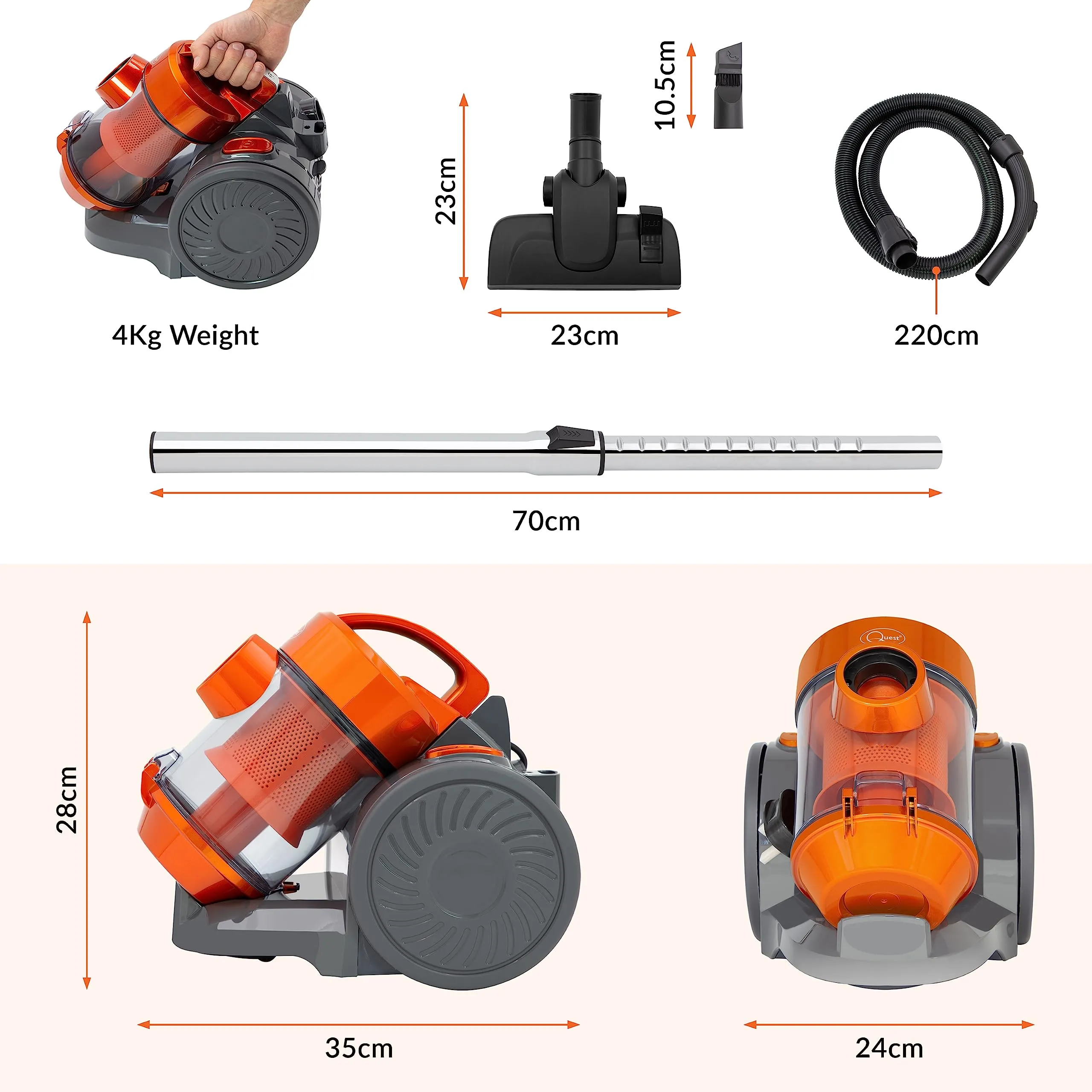 Quest 44889 Compact Bagless Cyclonic Vacuum | Easy Empty Dust Container | Compact and Portable | Multi-Surface Cleaning | Nozzle Included