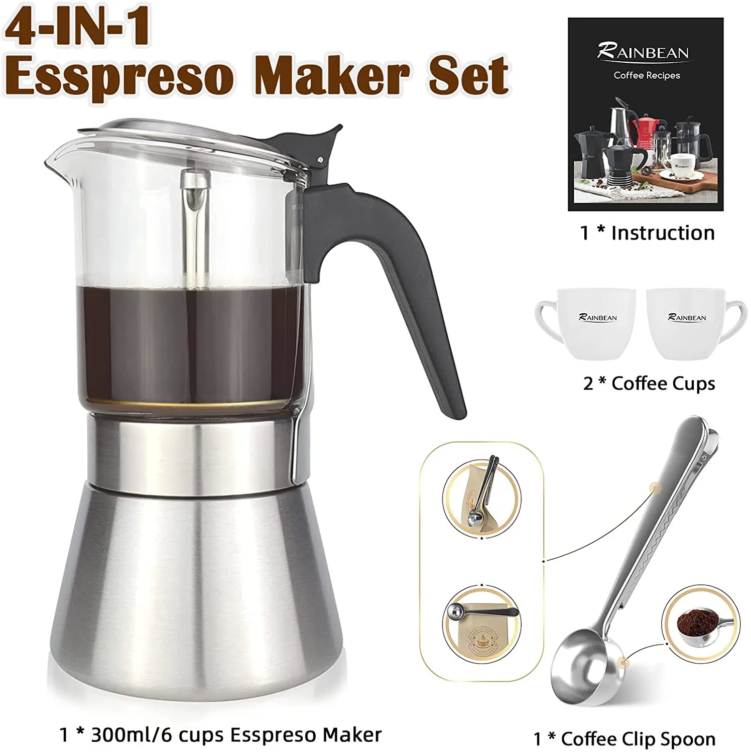 RAINBEAN Italian Expresso Maker, Moka Pot, Stovetop Coffee Makers, Stainless Steel Coffee Maker, Suitable For Induction Hob