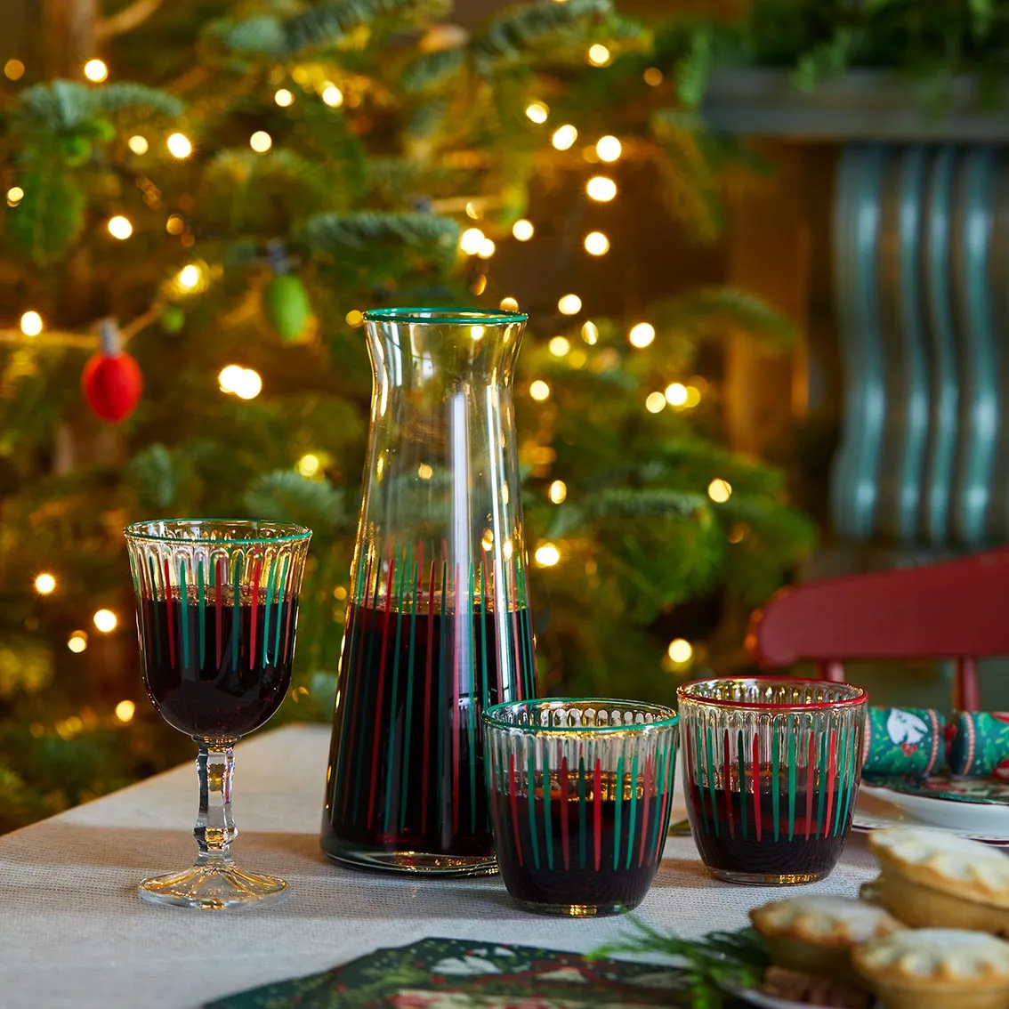 Red & Green Striped Glass Tumblers - 6 Pack