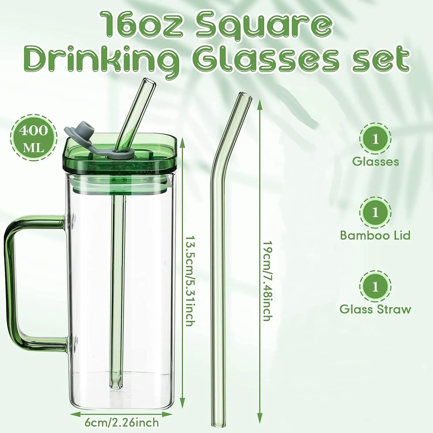 SIOPAWORLD Borosilicate Square Glass Tumbler Coffee Mug with Colored Handle | Drinking Glasses Sipper with Plastic Lids & Glass Straw 400ml Glassware Iced Soda Can Fruit Juice Cold Drink Cups (1Pcs)