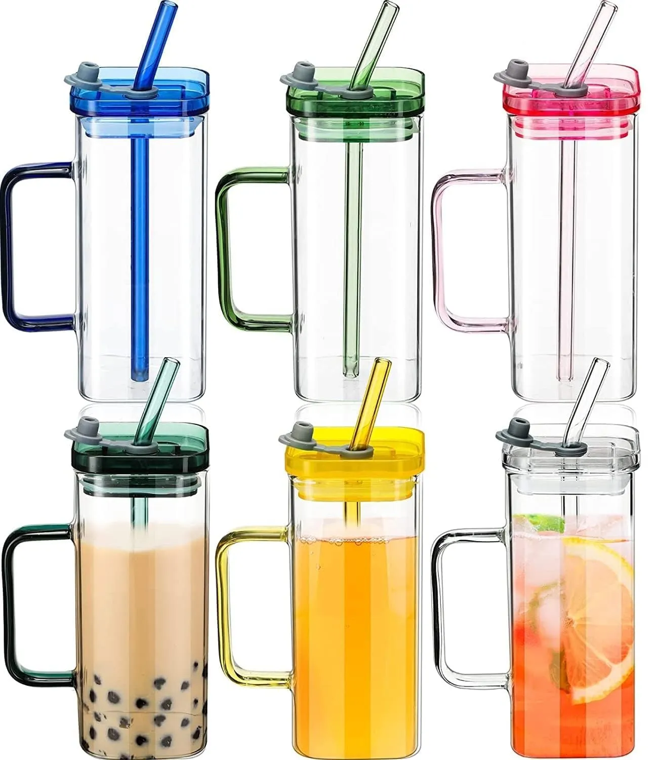 SIOPAWORLD Borosilicate Square Glass Tumbler Coffee Mug with Colored Handle | Drinking Glasses Sipper with Plastic Lids & Glass Straw 400ml Glassware Iced Soda Can Fruit Juice Cold Drink Cups (1Pcs)