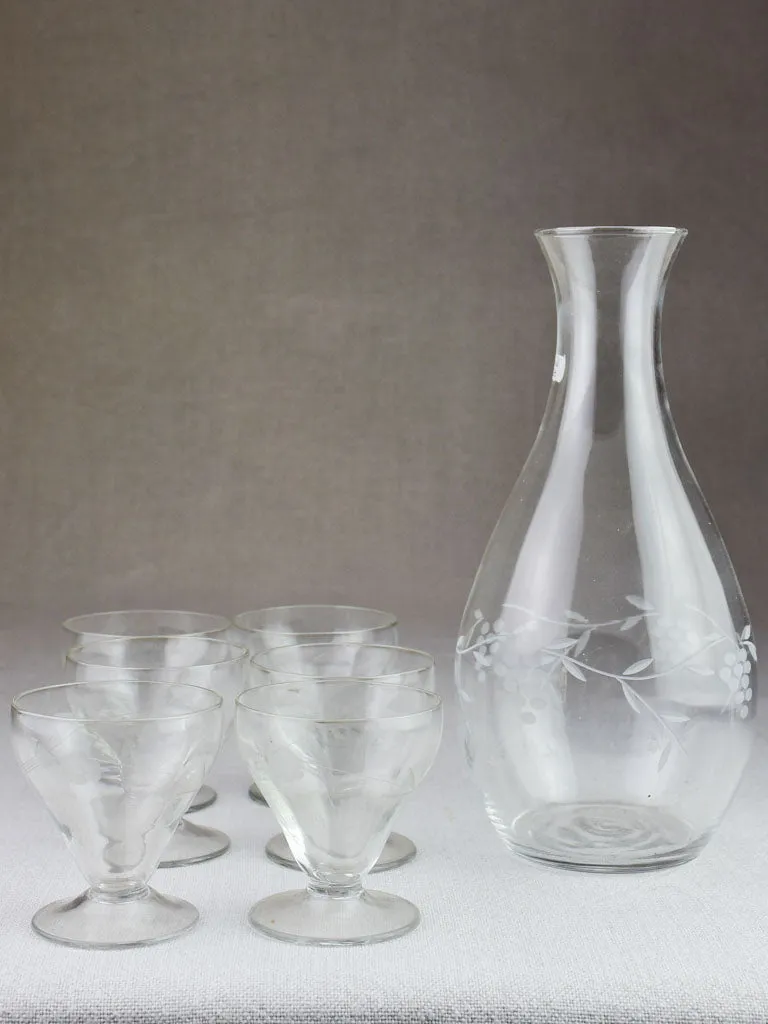 Six 1950's aperitif glasses with etched flowers