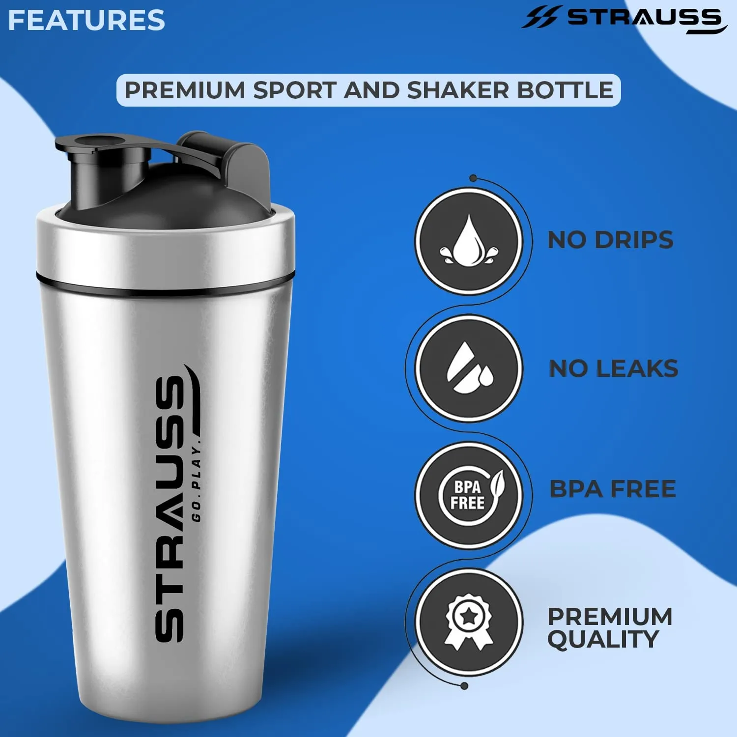 STRAUSS Stainless Steel Protein Shaker Bottle | Gym Shaker | Sipper Bottle | Gym Bottle