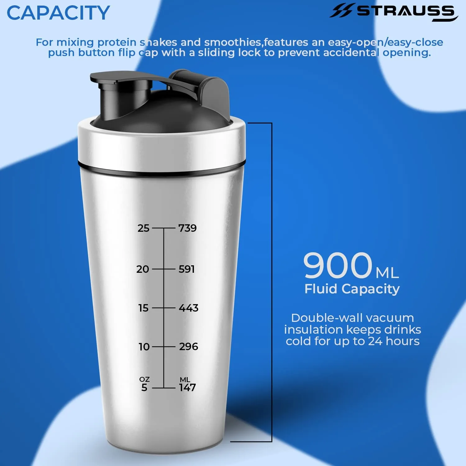 STRAUSS Stainless Steel Protein Shaker Bottle | Gym Shaker | Sipper Bottle | Gym Bottle