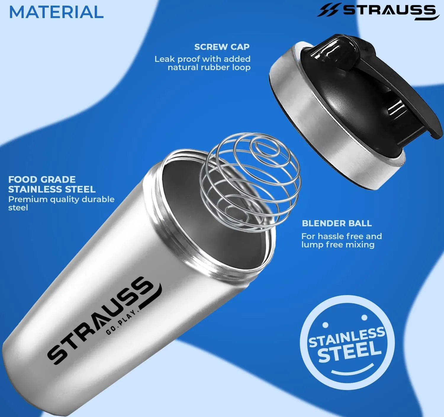 STRAUSS Stainless Steel Protein Shaker Bottle | Gym Shaker | Sipper Bottle | Gym Bottle