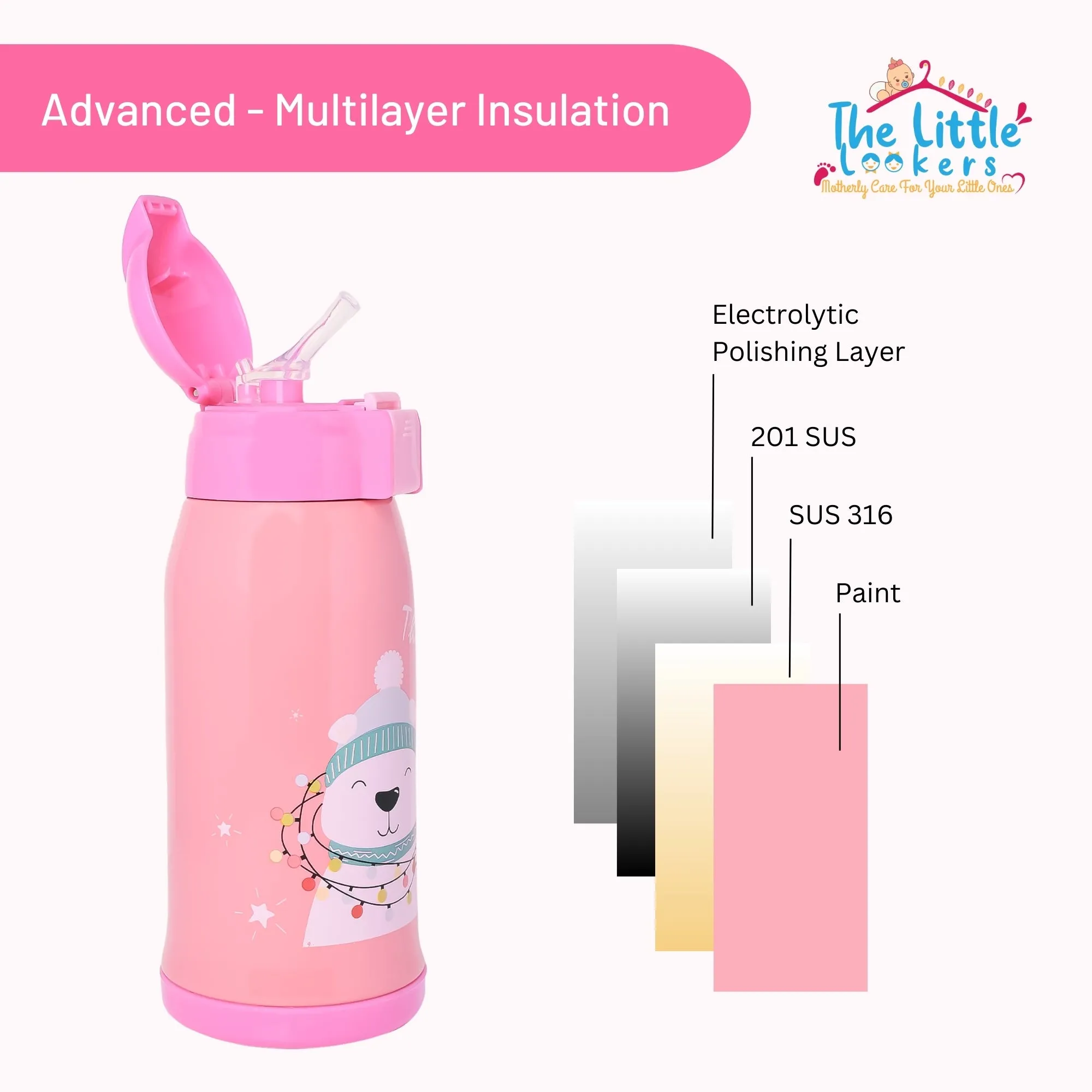 THE LITTLE LOOKERS Stainless Steel Insulated Sipper Bottle with Pop up Straw & Cover for Kids (550ml)