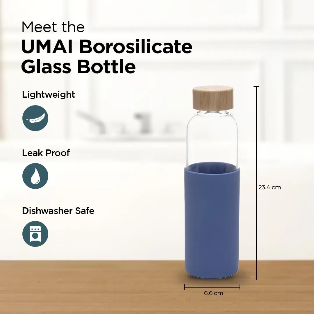 UMAI Borosilicate Glass Water Bottle with Sleeve 550ml | Non Slip Silicon Sleeve & Bamboo Lid | Fridge Water Bottle For Home & Office (Blue, Pack of 3)