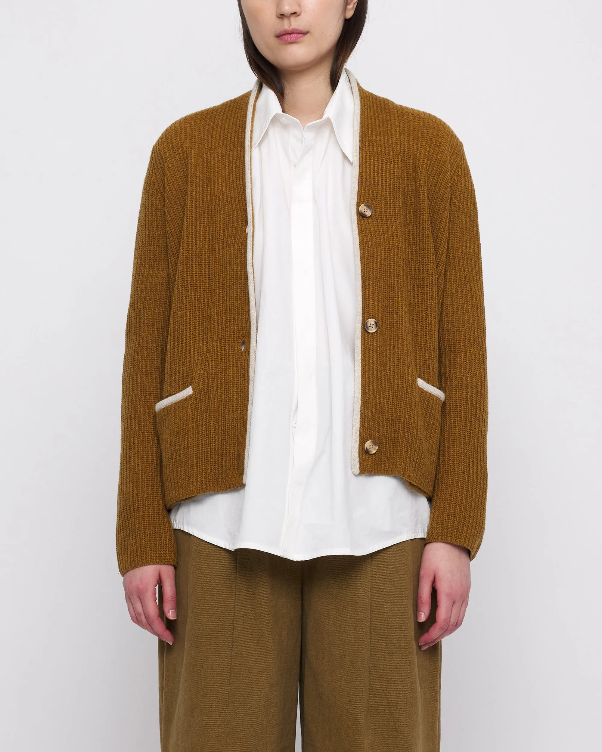 V-Neck Pockets Trimmed Cardigan - FW24 - Mustard (White Dove)