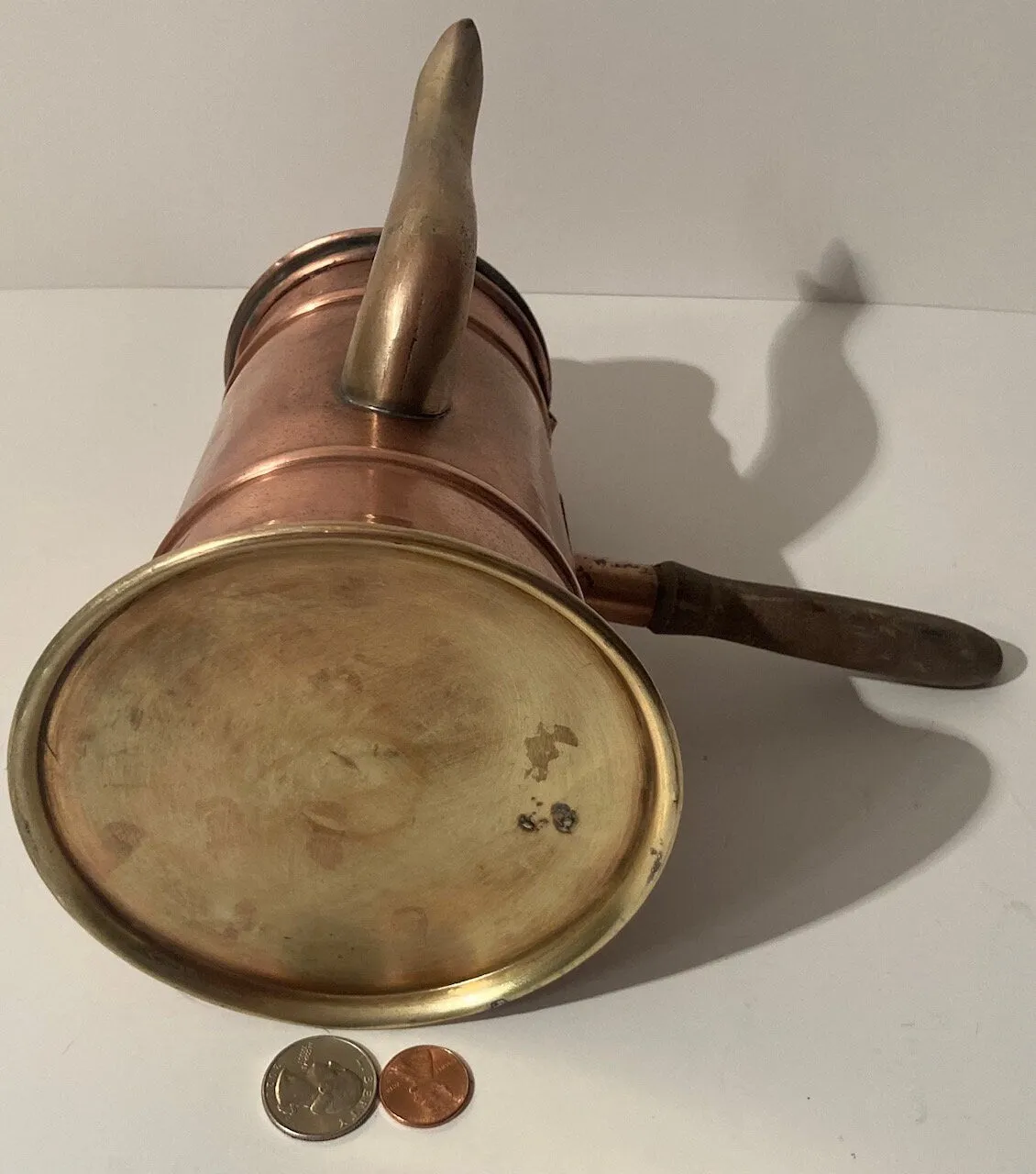 Vintage Copper and Brass Metal Teapot, Coffee Maker, Quality, Heavy Duty, 9 1/2" Tall, Wooden Handle, This Can Be Shined Up Even More