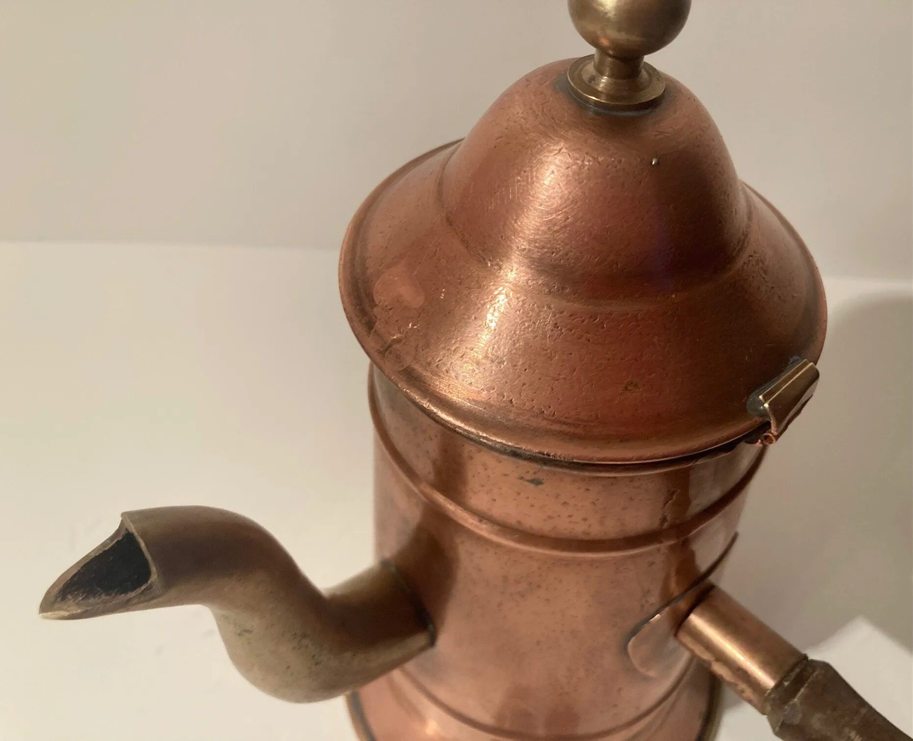 Vintage Copper and Brass Metal Teapot, Coffee Maker, Quality, Heavy Duty, 9 1/2" Tall, Wooden Handle, This Can Be Shined Up Even More