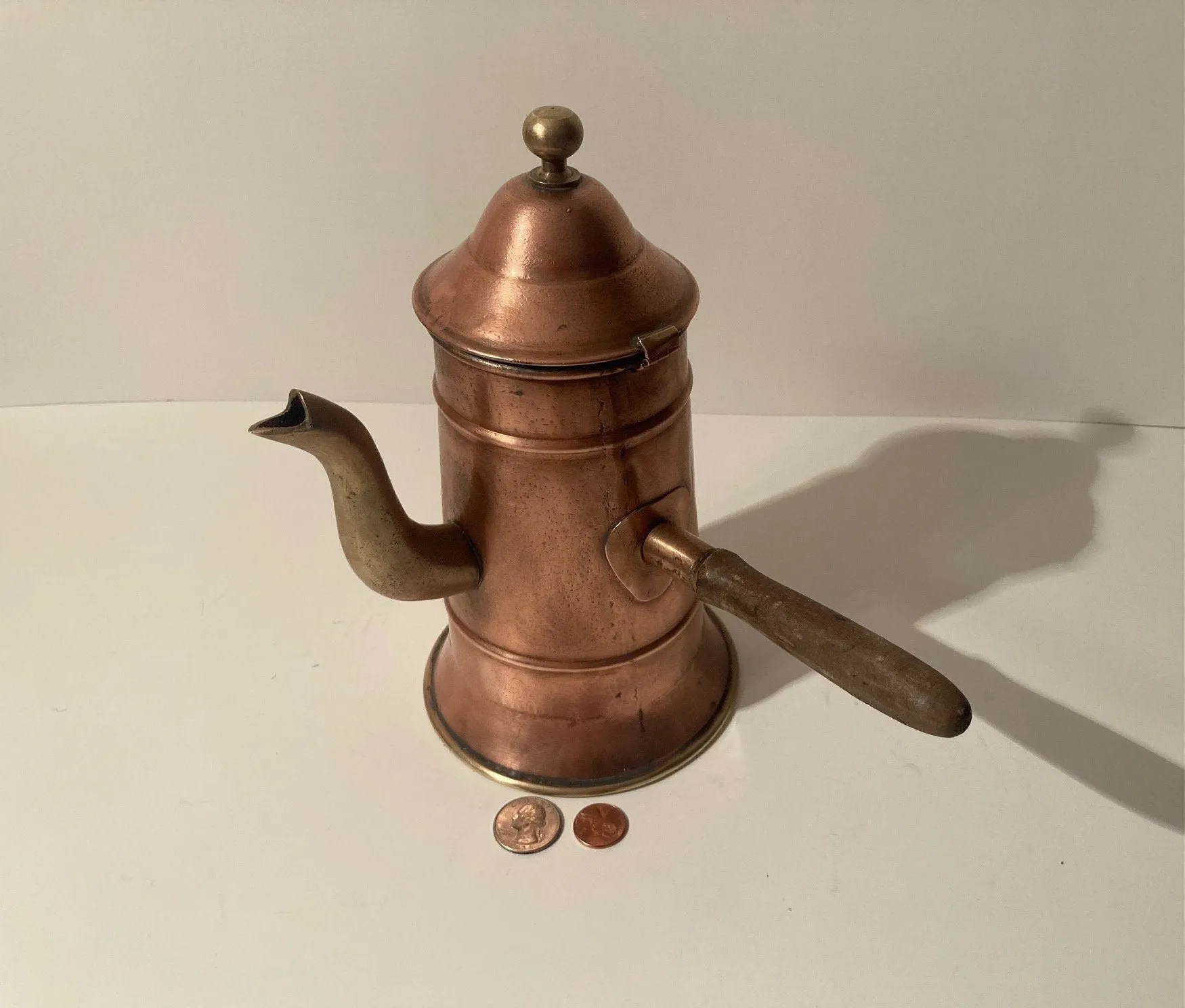 Vintage Copper and Brass Metal Teapot, Coffee Maker, Quality, Heavy Duty, 9 1/2" Tall, Wooden Handle, This Can Be Shined Up Even More