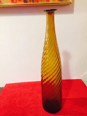 Vintage Hand Blown Murano Italian Empoli Over sized Italian Amber Tall Vase- 1960s or 70s Mod Ribbed