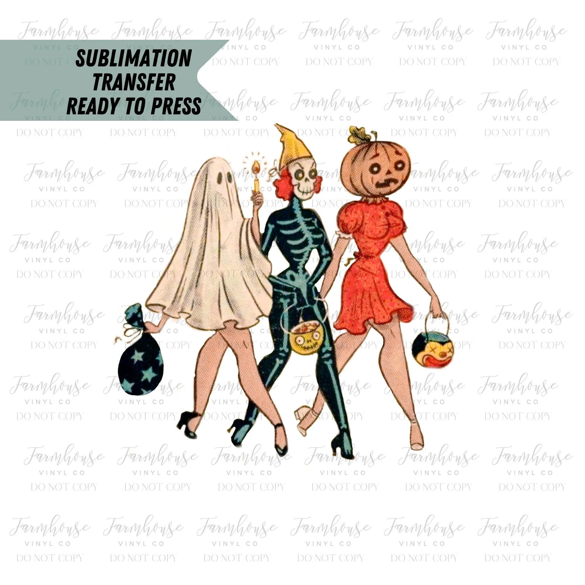 Vintage Pinup Halloween Costumes, Halloween Sublimation Transfer, Trick or Treat Design, Sublimation Transfer Ready Press, Fall Transfer